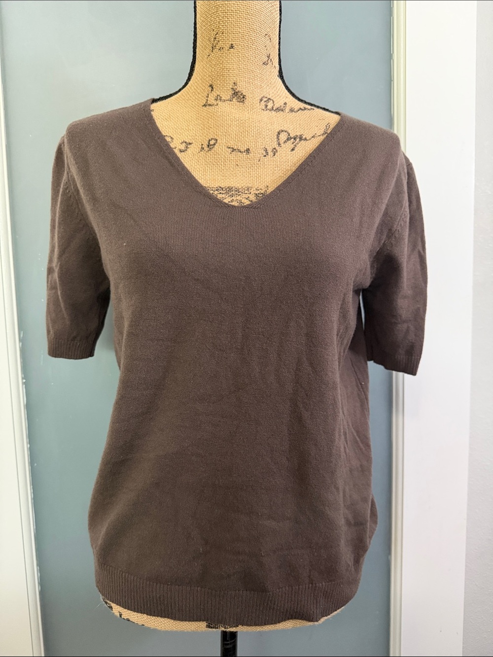 Classic V-Neck Short Sleeve Sweater - Chocolate Brown Size Large. Super soft.
